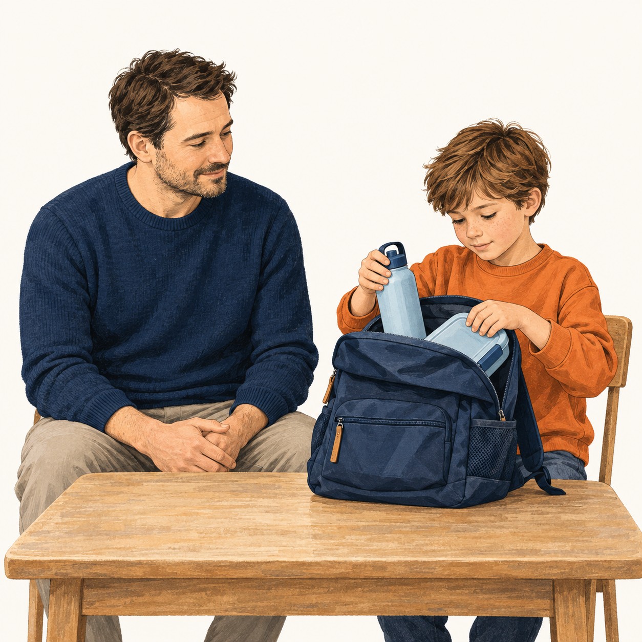 Illustration: Ein Vater wartet aufmerksam, während sein Sohn selbst den Rucksack packt.
